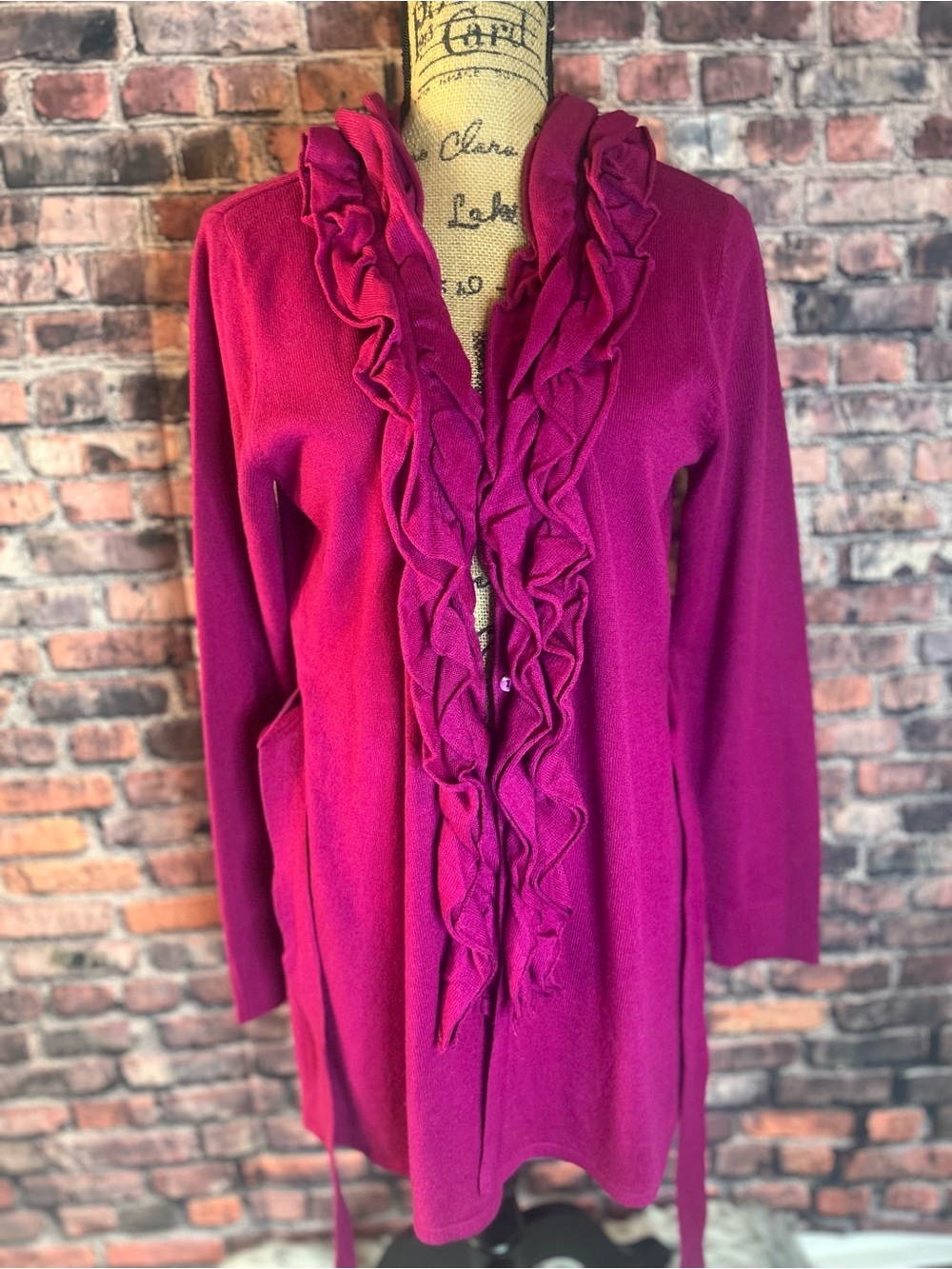 New York & Company Fuchsia Ruffled Open-Front Cardigan - Picture 2 of 7